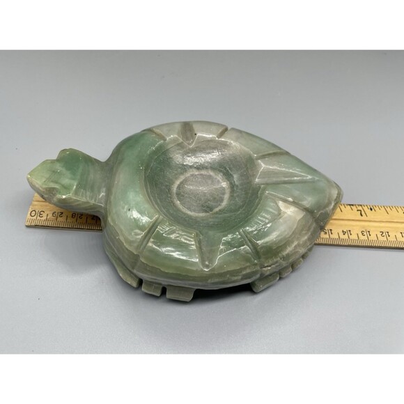 Vintage Hand Carved Jade? Green Turtle Ashtray Trinket Dish Handmade Nice - Picture 5 of 6
